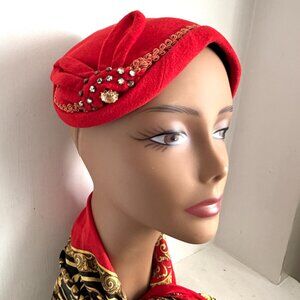 Vintage 1940s 50s Red Half Crown Hat Sparkling Rhinestones Jewel Headpiece